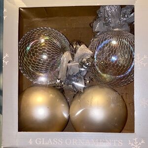 BX44 Vintage Large 4 Elegant Silver and Gold Glass Ornaments Set